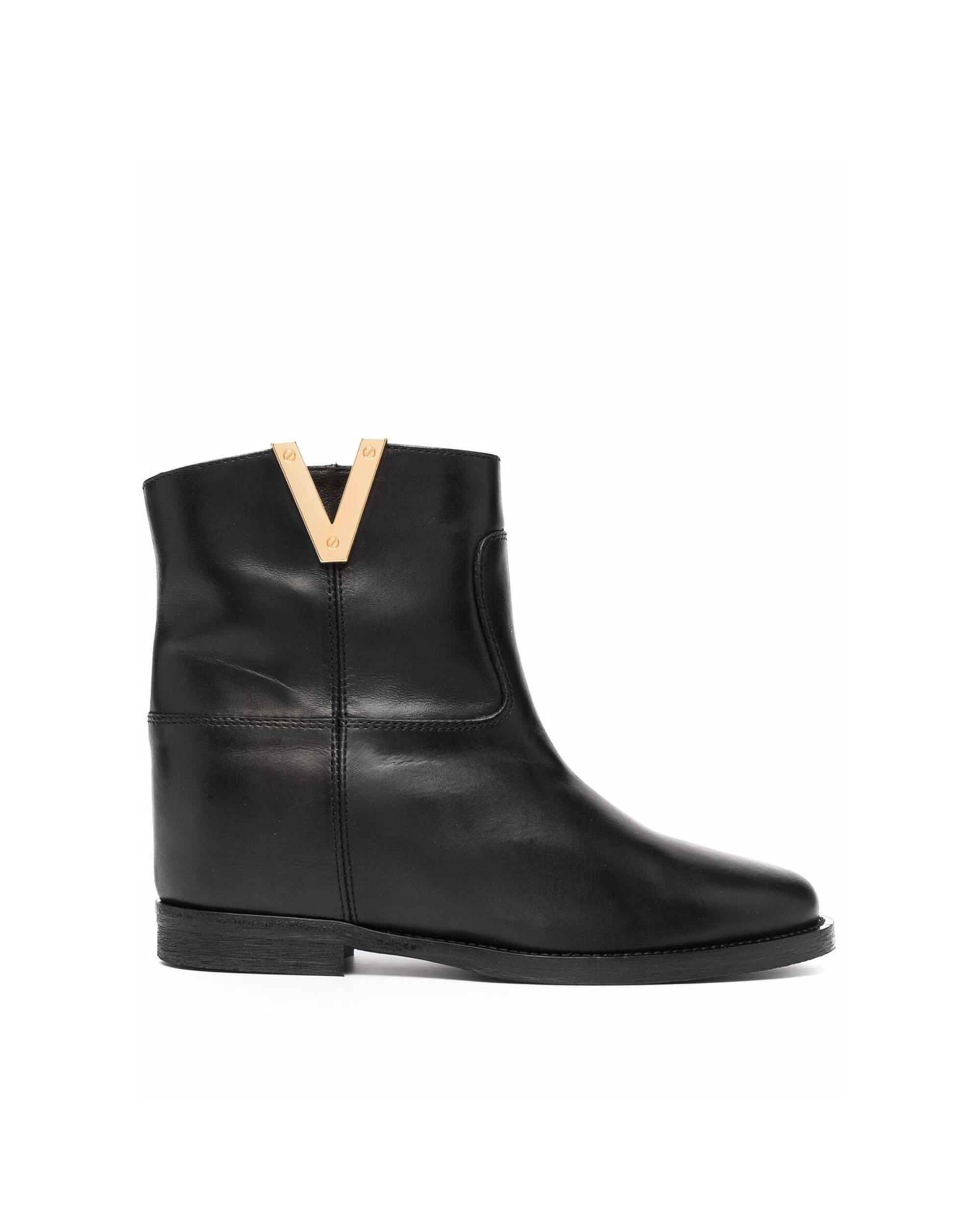 VIA ROMA 15 BLACK LEATHER ANKLE BOOT WITH GOLDEN "V" DETAIL