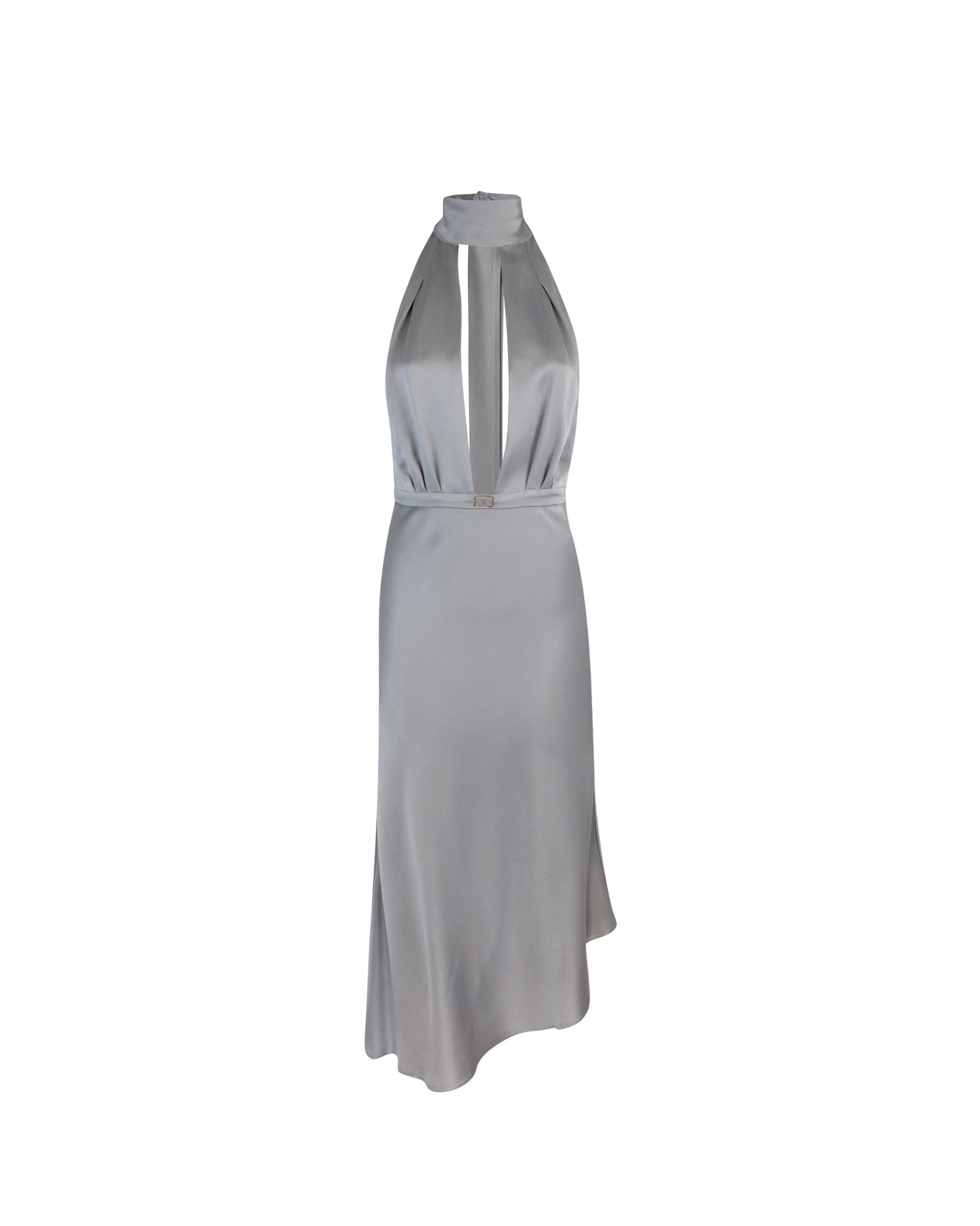Shop Elisabetta Franchi Satin Midi Dress With Asymmetric Skirt In 400piombo