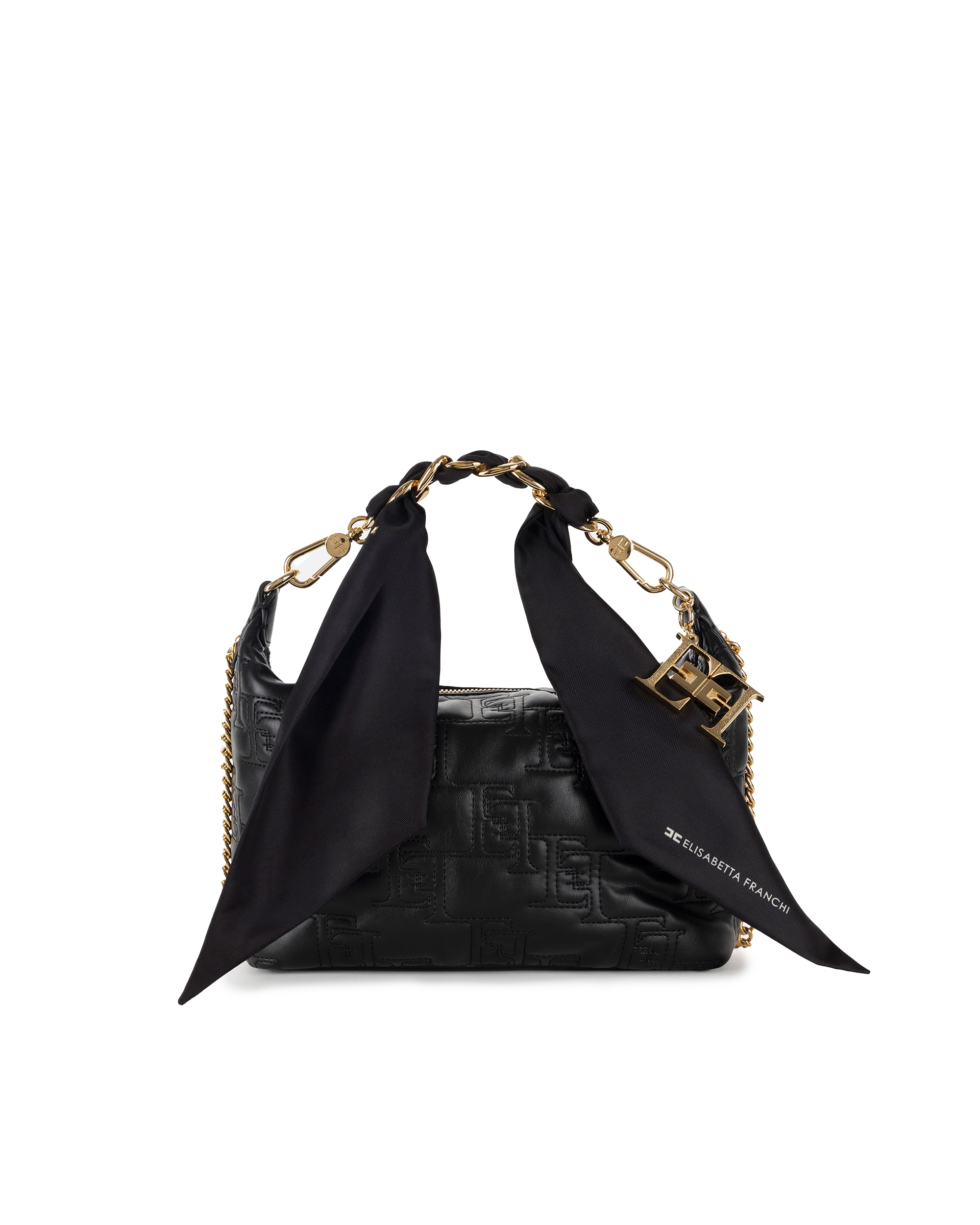 Shop Elisabetta Franchi Small Hobo Shoulder Bag With Scarf Chain In 110nero