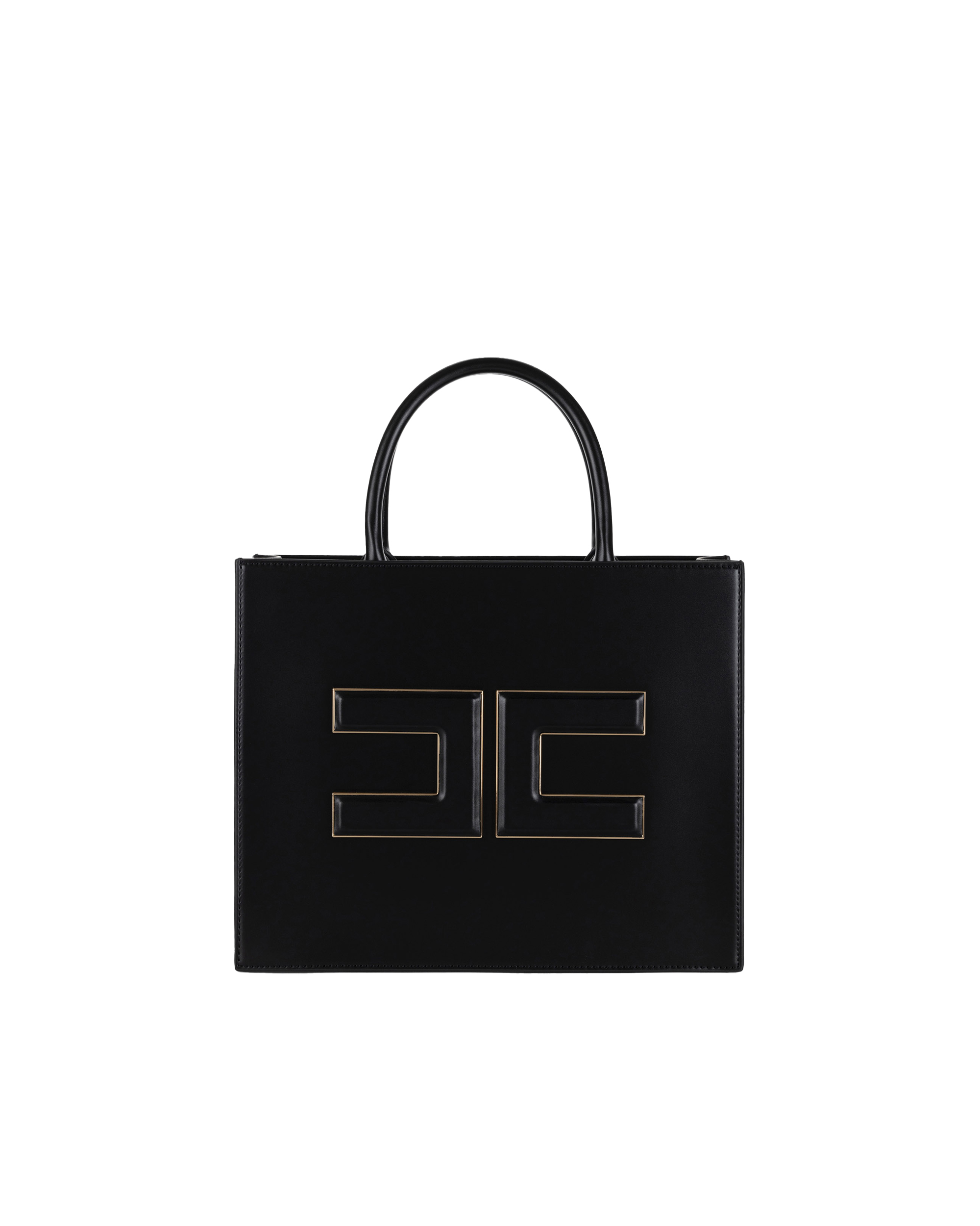 Shop Elisabetta Franchi Medium Black Shopper With Logo Plaque In 110nero