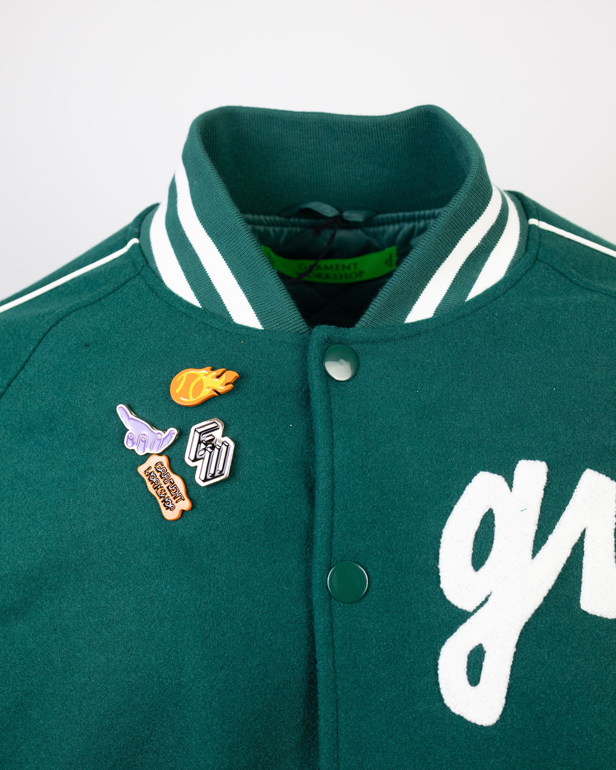 Shop Garment Workshop Varsity Jacket With Green Logo In 088pine Green