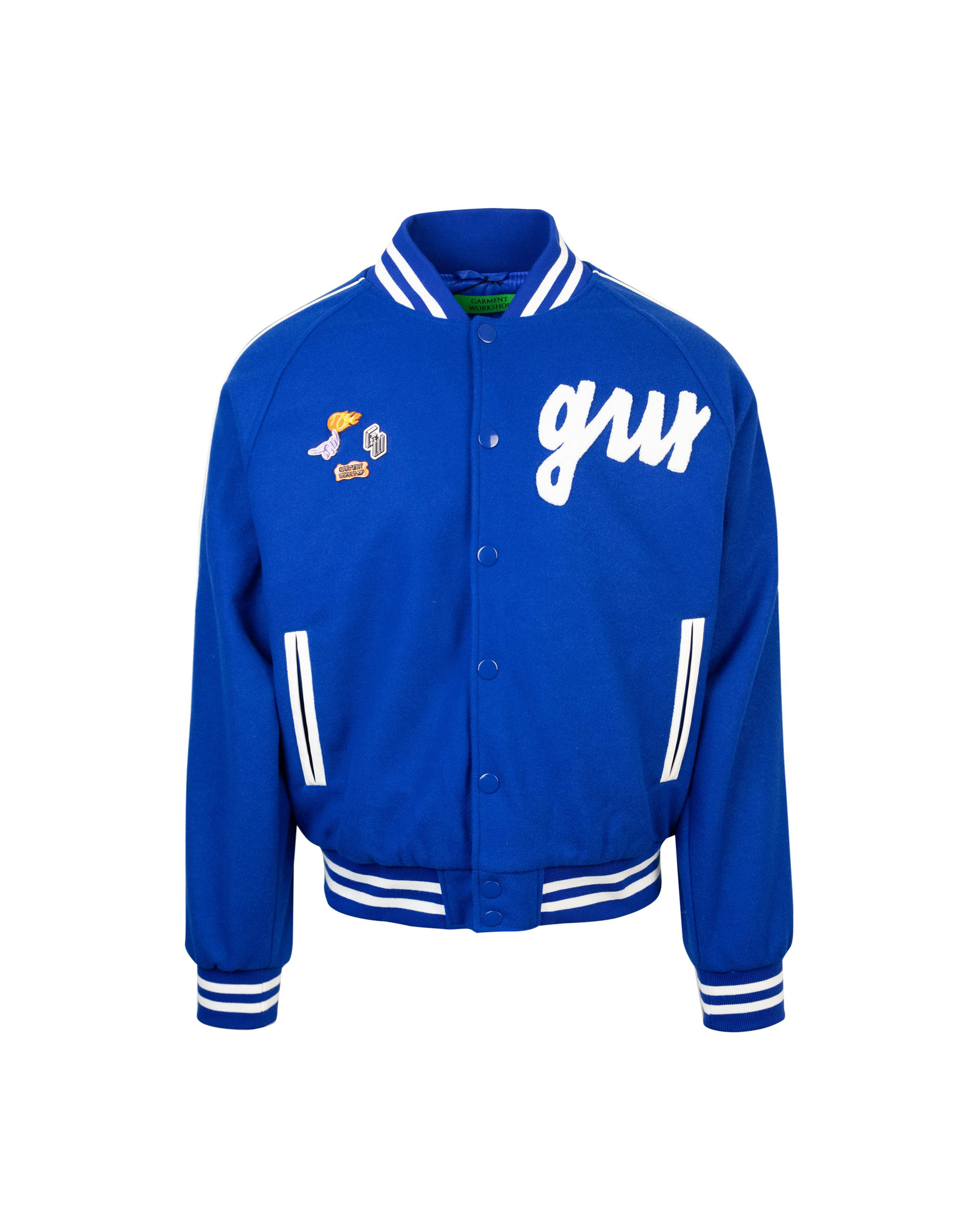 Shop Garment Workshop Varsity Blue Logo Jacket In Gw022brady Blue