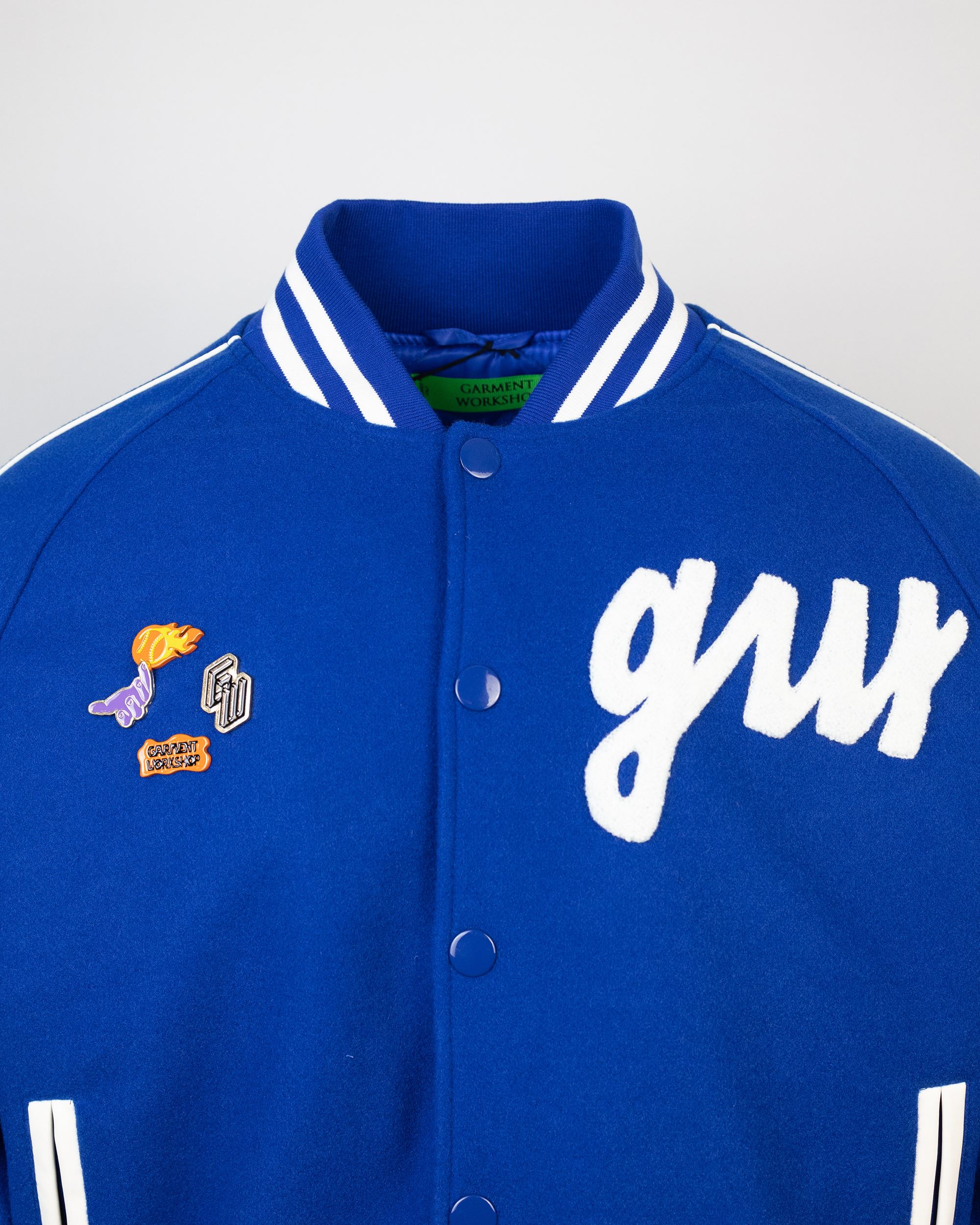 Shop Garment Workshop Varsity Blue Logo Jacket In Gw022brady Blue