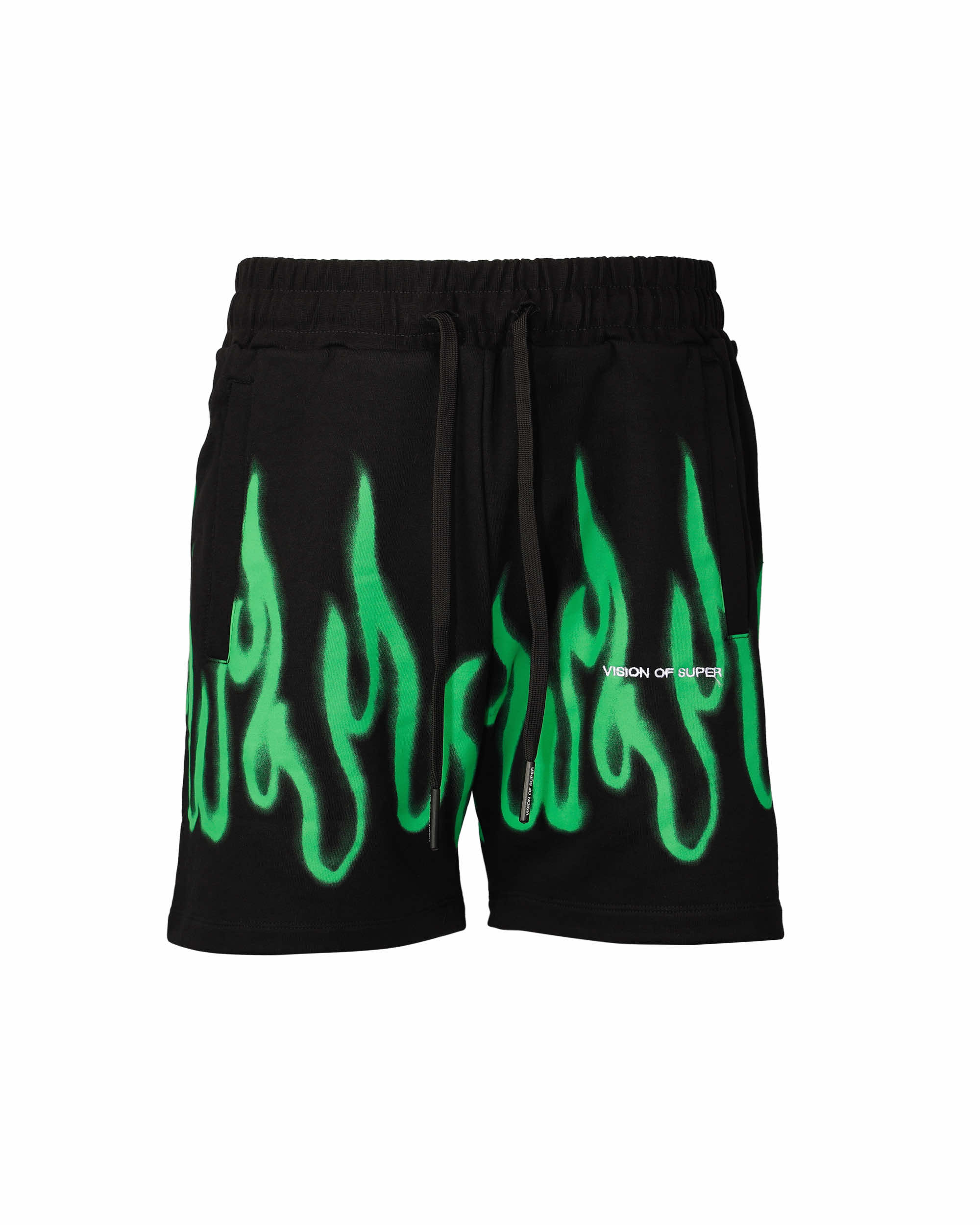 Shop Vision Of Super Black Shorts With "green Spray Flames" Print