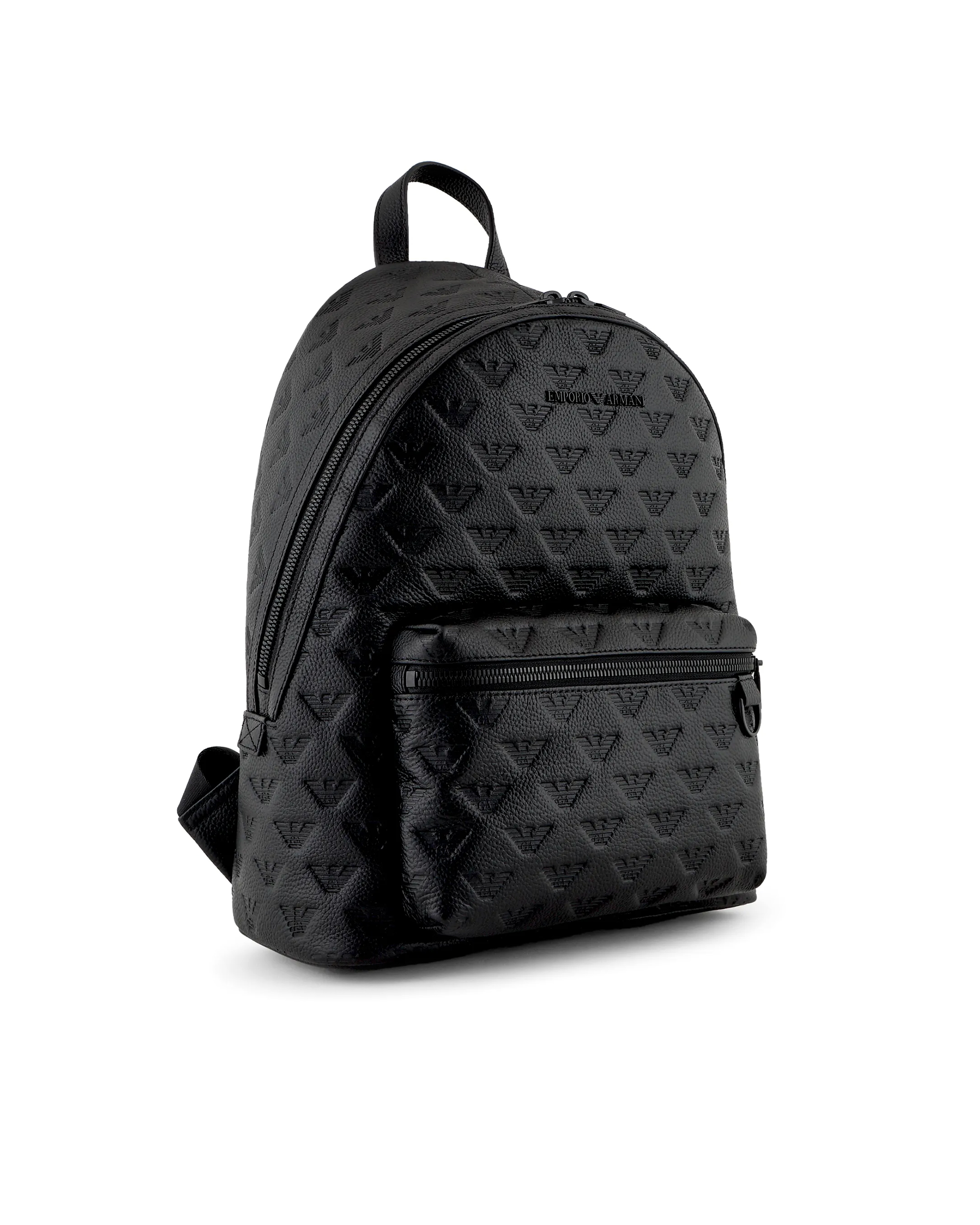 Shop Emporio Armani Black Leather Backpack With All-over Eagle Logo In 81072