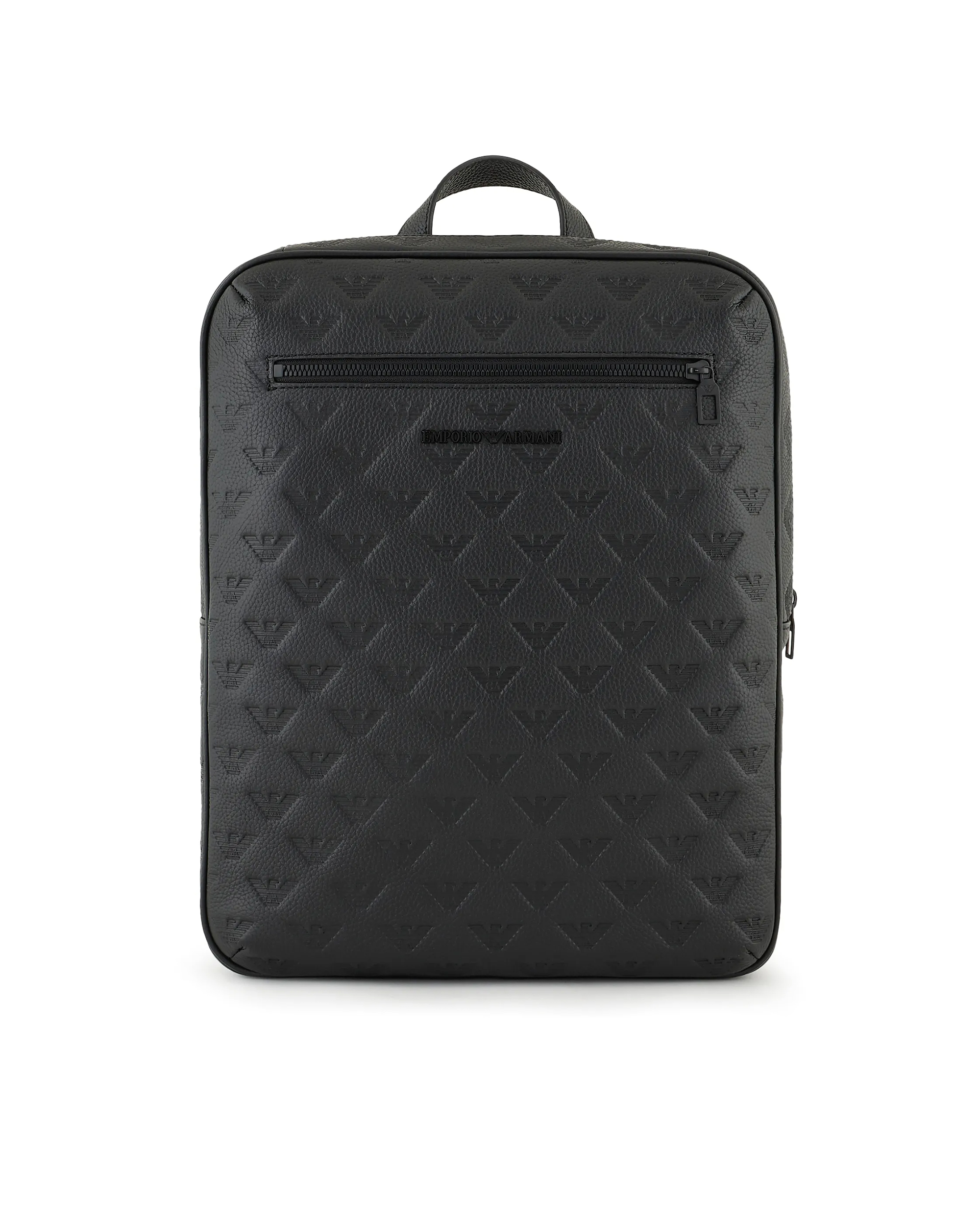 Shop Emporio Armani Slim Black Leather Backpack With All-over Eagle Logo In 81072