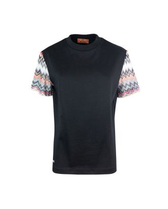 Black cotton T-shirt with zig zag inserts