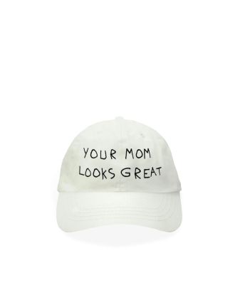 Beige cap with visor and "Your Mom Looks Great" embroidery