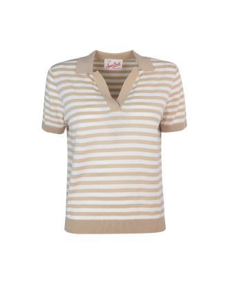 Beige striped terry polo shirt