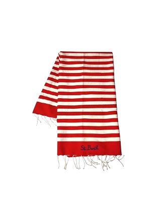 Red stripe beach towel with embroidery