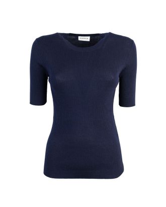 T-shirt blu girocollo a costine in lana