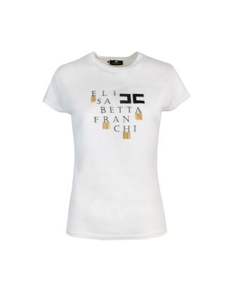 T-shirt bianca con logo e applicazioni