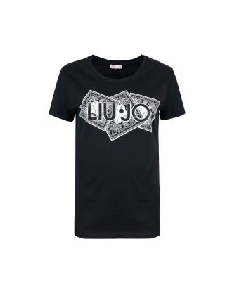 T-shirt nera con logo e strass