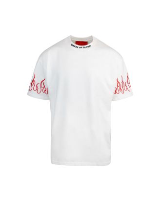 White crew-neck T-shirt with embroidered red flames